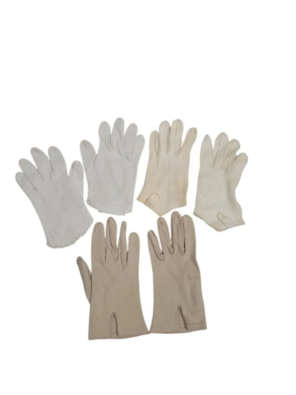 Vintage Womens Gloves Lot Of 3 Pairs Beige White Embroidered Button